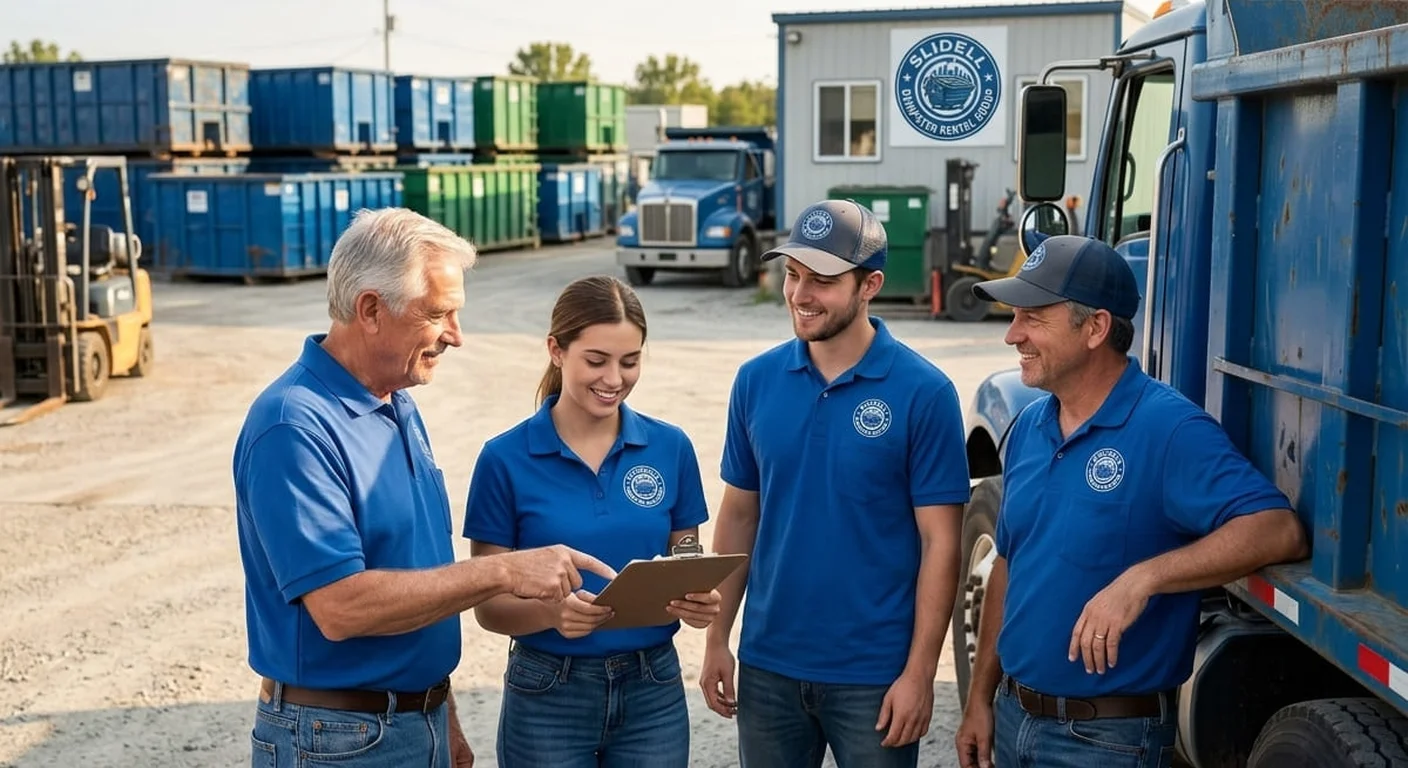 Slidell Dumpster Rental Group crew members talking beside dumpsters and trucks staged in the company yard