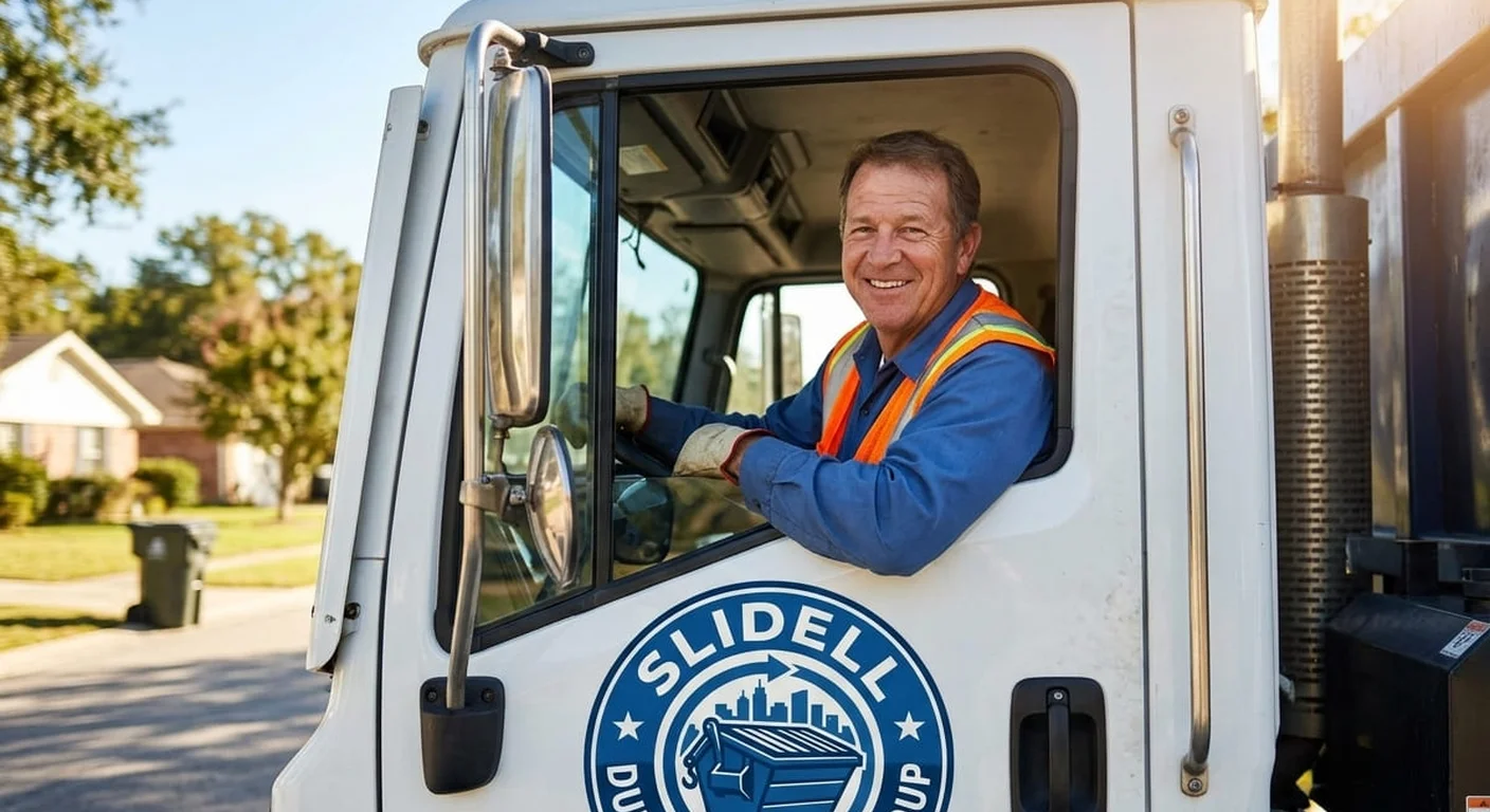Dumpster delivery in Covington, LA A Slidell Dumpster Rental Group driver ready for a delivery in Covington, LA