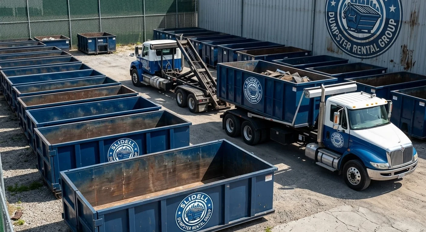 Part of the Slidell Dumpster Rental Group fleet, staged and ready for a job near Mandeville, LA