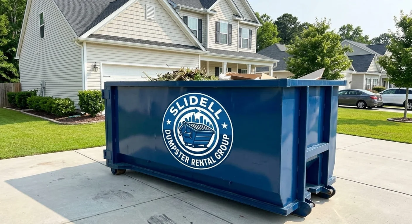 A Slidell Dumpster Rental Group blue roll-off dumpster staged on a residential driveway, filled with a home cleanout load