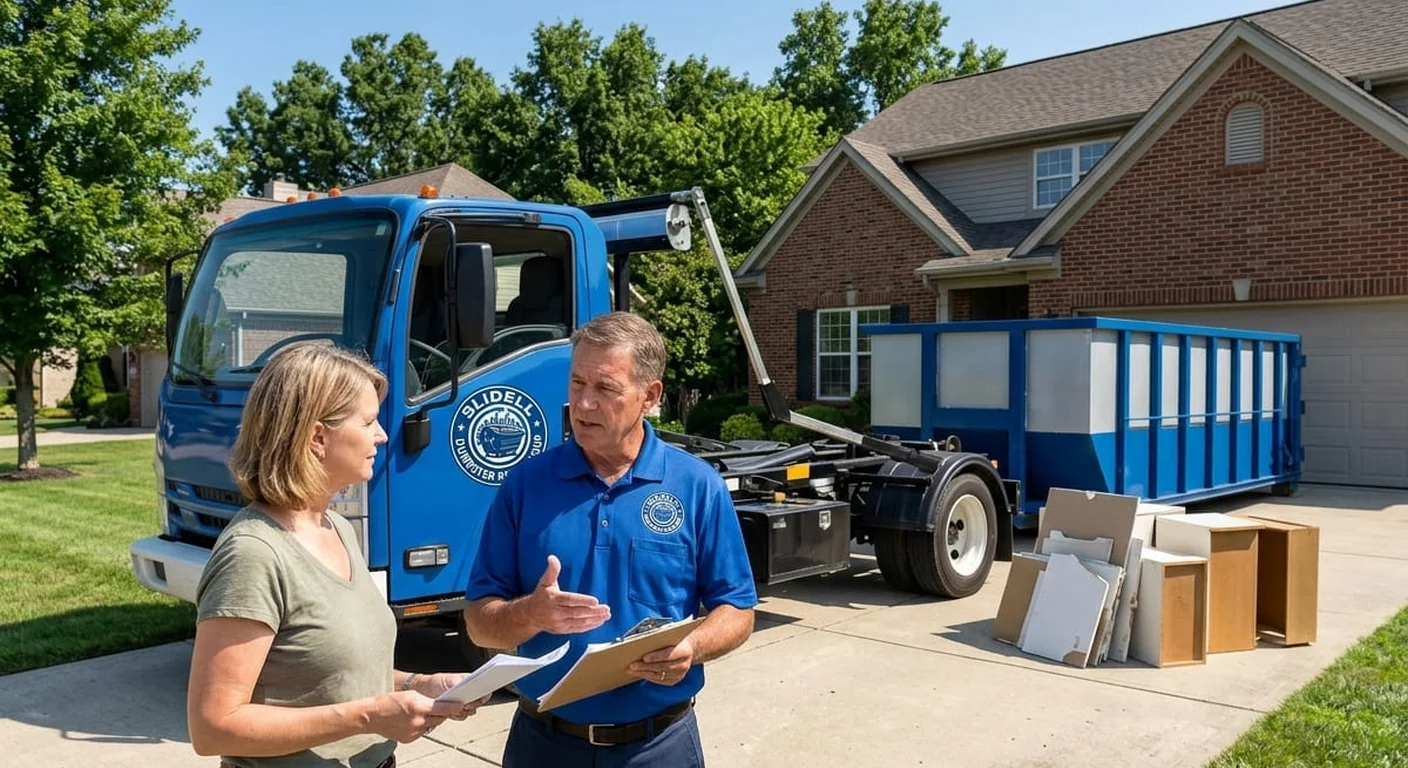 A Slidell Dumpster Rental Group driver reviewing details for a junk-removal job in Madisonville, LA