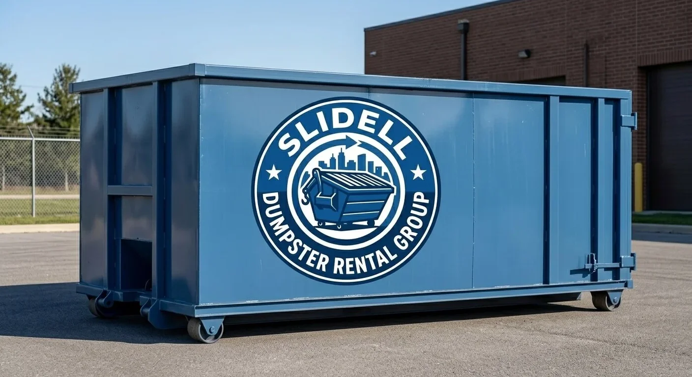 Roll-off dumpster rental in Lacombe, LA A Slidell Dumpster Rental Group roll-off dumpster staged and ready for drop-off in Lacombe, LA